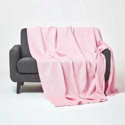 Image of HOMESCAPES 100% Organic Cotton Waffle Blanket Pink Double Bed Size 228 x cm Super Soft Combed Throw
