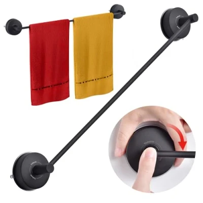 Image of YOHOM Stainless Steel Suction Towel Rail Bathroom 55 CM Vacuum Hand Holder Cup Tea Rack Kitchen Single Shower Bar Wall Mounted Hanger No Drilling (22 Inch) Black