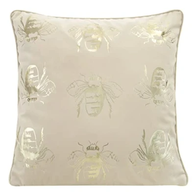 Image of Eurofirany Elegant Velvet Cushion Covers Decorative with Print 45 x cm Cover Soft Sofa Golden Bees Edging, Cream Colour