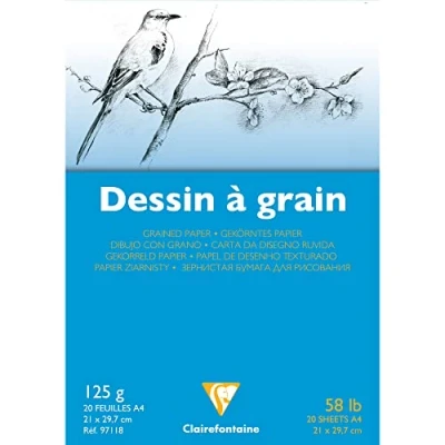Image of Clairefontaine Ref 97118C White Grained Drawing Paper Glued Pad (20 Sheets) A4 Sized, 125gsm Paper, &amp; Acid Free, pH Neutral