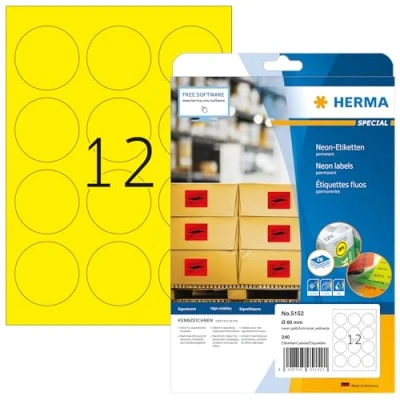 Image of HERMA Self Adhesive Coloured Round Labels, 12 Labels per A4 Sheet, 20 Sheets, Ø 60 mm, 240 Blank Colour Stickers, Sticky Dots for Laser &amp; Inkjet Printer, Neon Yellow