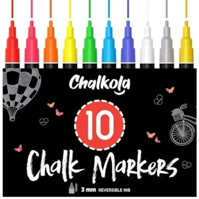 Image of Liquid Chalk Pens (10 Pack) with Gold &amp; Silver Fine Tip Dry Erase Marker for Blackboard, Windows, Chalkboard Signs, Bistro 3mm Reversible