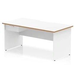 Image of Oslo 1600 x 800mm Edge Office Desk White Top Natural Wood Panel End Leg Workstation 1 Drawer Fixed Pedestal