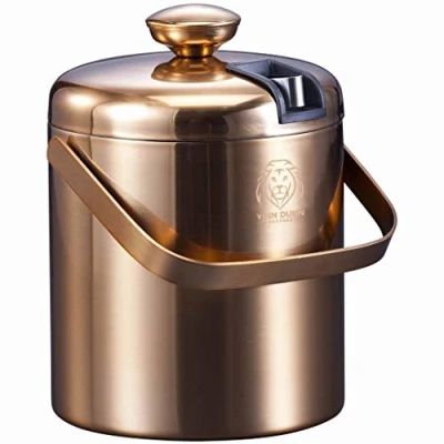 Image of VINN DUNN Ice Bucket with Lid 1.2 Litre Stainless Steel Double Walled Insulated Concealed Tong&amp;Carry Handle(Warm Sunset Gold)