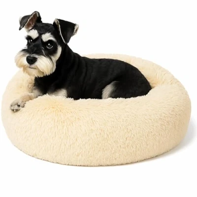 Image of SEOUGEE Calming Donut Dog Bed, Fluffy Plush Round Cat Cosy Soft Washable Cushion Warming Pet Beds with Non Slip Bottom, Indoor Sleeping Cuddler Nest for Small Dogs Cats (Coffee 50cm)