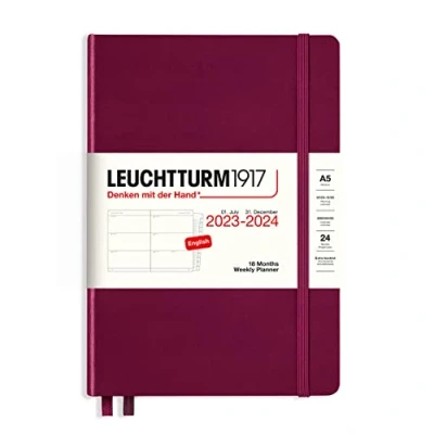 Image of LEUCHTTURM1917 367600 Weekly Planner Medium (A5) 2024, with booklet, 18 Months, Port Red, English
