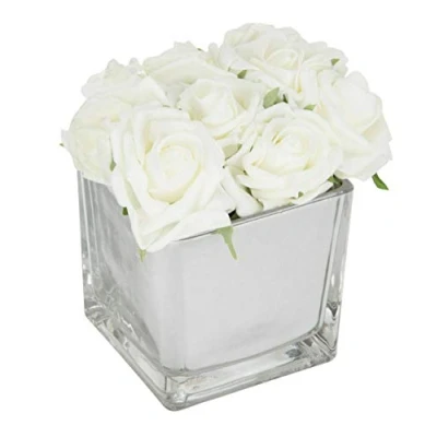 Image of White Roses in Mirror Cube Artificial Plant Flower Ornament Flowers Hotel Wedding Home Decorative Decor Gift