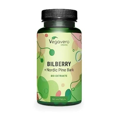 Image of Vegavero Organic Bilberry 12,000 mg &amp; Pine Bark from High Strength Extracts Premium Quality Finland NO Additives 90 Capsules Vegan