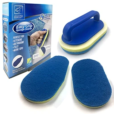 Image of Bathroom Cleaning Sponge with Handle, Scourers Kit 2 Oval Shaped Sponges, 1 Corner Scourer and Detachable Scrubbing for Kitchen, Tiles or Bathtub