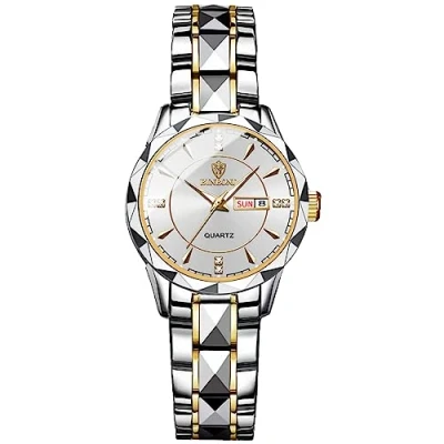 Image of JewelryWe Couple Watch Analogue Quartz Calendar 30 m Waterproof Partner Stainless Steel Bracelet Men Women Watches with Rhinestone Dial, silver ladies watch,