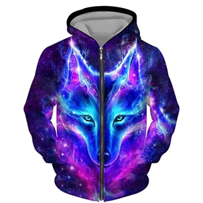 Image of DUDSOG Men&#039;s Zip Hoodie Starry Sky Wolf 3D Printed Sweater Casual Pullover Hooded Sweatshirt