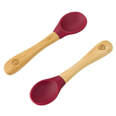 Image of Bamboo ® Baby Weaning Spoons Set of 2 with Soft Silicone Tips Ergonomic Easy Grip Handles BPA Free (Set 2, Cherry)