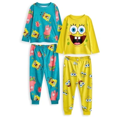 Image of SpongeBob Squarepants Kids Pyjama Set Pack of 2 Childrens Yellow &amp; Blue Character Graphic Long Sleeve Top Leg PJ Bottoms Patrick Star Coral Print Nightwear Cartoon Series Merchandise Gift