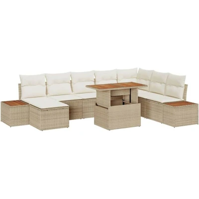 Image of vidaXL 9 Piece Garden Dining Set with Cushions Beige Poly Rattan Acacia
