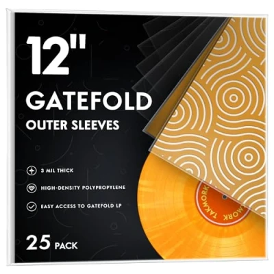 Image of 12 inch Gatefold Vinyl Record Outer Sleeves: Crystal Clear Plastic Protective Sleeves, 3 Mil Thick, Pack of 25