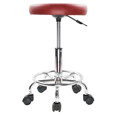 Image of KKTONER PU Leather Round Rolling Stool with Foot Rest Swivel Height Adjustment Spa Drafting Salon Tattoo Work Office Massage Stools Task Chair (Red)