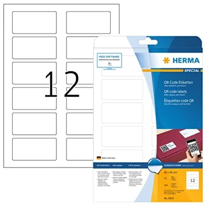 Image of HERMA Self Adhesive QR Code Labels, 12 Labels per A4 Sheet, 25 Sheets, 80 x 40 mm, 300 Blank Opaque Product Stickers, Sticky for Laser &amp; Inkjet Printer, White
