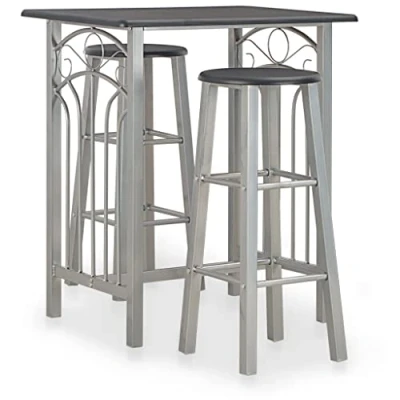 Image of vidaXL 3 Piece Bar Set Durable Wood and Steel Construction Stylish Black Grey Furniture for Home Outdoor Use Easy Assembly 1 Table, 2 Barstools, Max Load 110kg