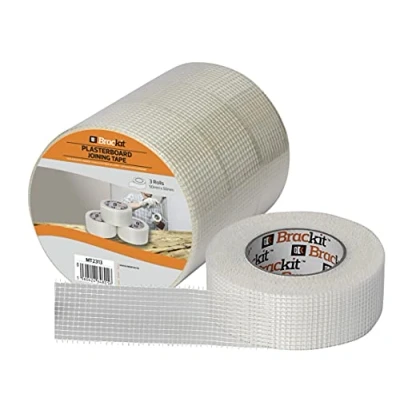 Image of Brackit 3 Rolls White Plasterboard Scrim Tape; 48mm x 50m; Self Adhesive Fibreglass Mesh Joint Tape For Sealing Repairing Holes And Cracks