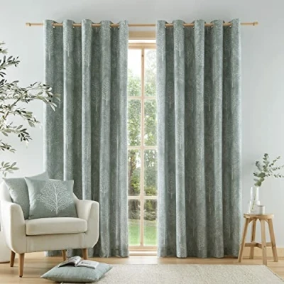 Image of Catherine Lansfield Alder Trees Cotton 66x90 Inch Lined Eyelet Curtains Two Panels Sage Green