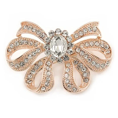 Image of Avalaya Rose Gold Tone Metal Clear Crystal Bow Brooch 50mm W