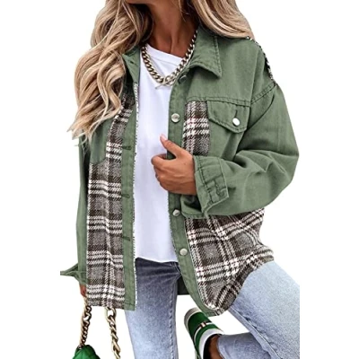 Image of LITTLA Jackets For Women Uk, Women&#039;S Denim Jacket Black Stitching Plaid Lapel Long Sleeve Button Up Boyfriend Jean Coat Vintage Distressed Oversized Casual Transition Outwear Blouses,M