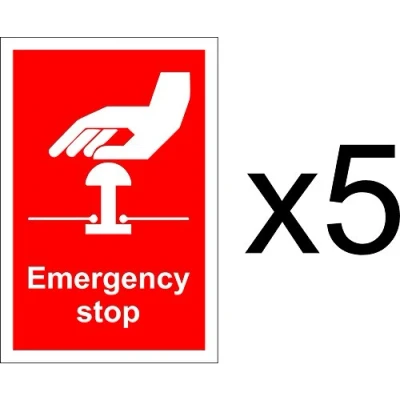Image of Emergency Stop Safety Sign Self Adhesive Sticker 150mm x 100mm (Pack of 5 Stickers)