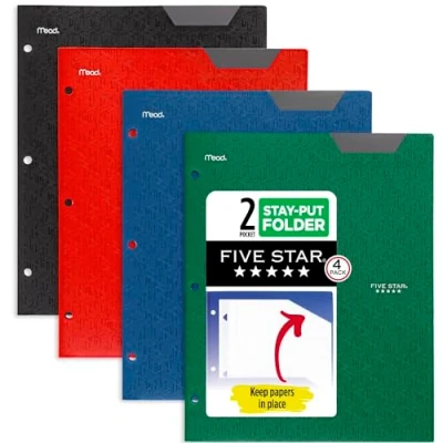 Image of Five Star 2 Pocket Folders, 4 Pack, Plastic Folders with Stay Put Tabs, Fits 3 Ring Binder, Holds 11 x 8 1/2, Assorted Colors (38049), Black, Red, Green, Blue