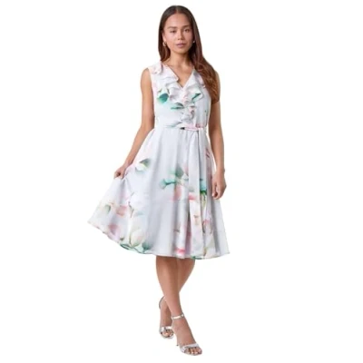 Image of Roman Petite Womens Frill Detail Floral Dress Grey Size 14 UK