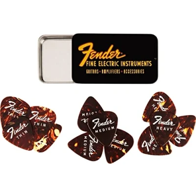 Image of Fender® Fine Electric Pick Tin Picks in Collector&#039;s Pack of 12 Celluloid 351 Shape 3 Thicknesses Tortoise Shell