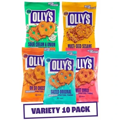 Image of Olly&#039;s Pretzel Thins, New Variety Pack, 35g (Pack of 10), x2 Salted, Multi Seeded, Sour Cream, Sweet Chilli Cheesy, Low Calorie Snacks, Fat, Source Fibre, No Preservatives