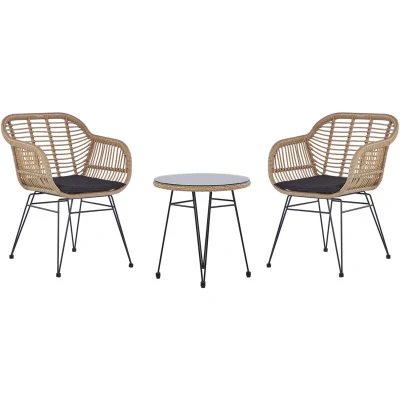 Image of Beliani Modern 3PC Poly Rattan Bistro Set Weave Tempered Glass Top Tropea II