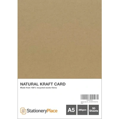 Image of Stationery Place Thick Brown Recycled Natural Kraft Card A5 280 GSM 50 Sheet Pack
