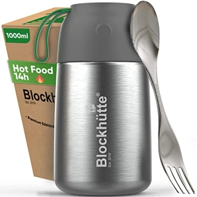 Image of Blockhütte Insulated Food Flask for Hot I 1000ml Leakproof Stainless Steel Thermal Lunch Box, Soup Container with Fork, Spoon, BPA Free Ideal Kids, Adults, Travel, Camping