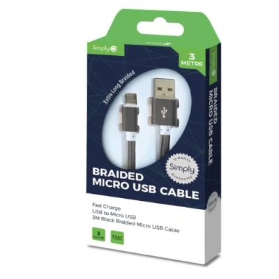 Image of 20x Simply USB Micro Braided Cable 3m Black ICMC08