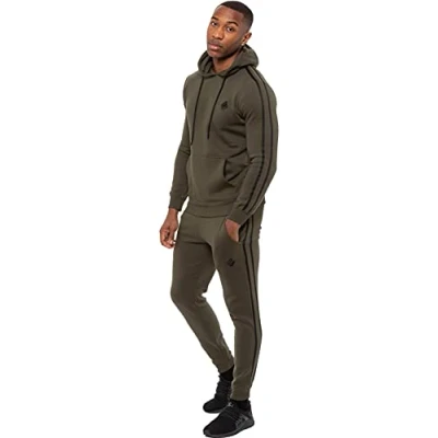 Image of Enzo Mens Full Tracksuit Set Striped Pullover Hoodie Casual Hoody Top Fleece Joggers Gym Jogging Bottoms (Khaki, S, s)
