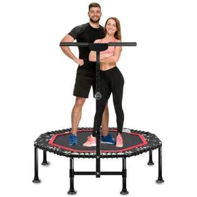 Image of MUJGAN 45 Inch Folding Rebounder Trampoline for Adults, Max 330 lbs Load Capacity, Portable Fitness Exercise with 3 Level Adjustable Foam Handle Indoor and Outdoor