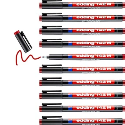 Image of edding 142 M permanent pen red 10 pens round nib 1 mm for writing on glass, plastic, foils and smooth surfaces permanent, quick drying, smudge proof waterproof