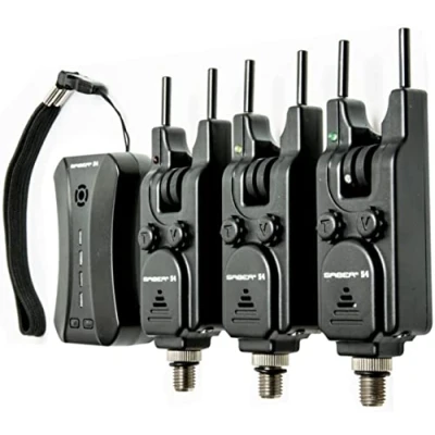 Image of Saber S4 Wireless Bite Alarms Set 3 in 1 Carp Coarse Fishing Adjustable Volume &amp; Tone 4 Way Receiver Removable Snag Ears Vibration Function LED Lights Perfect For