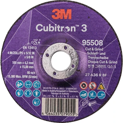 Image of 3M Cubitron 3 Cut and Grind Wheel, 95508, 36+, T27, 100 mm x 4.2 15.88 mm, EN, 10/Pack