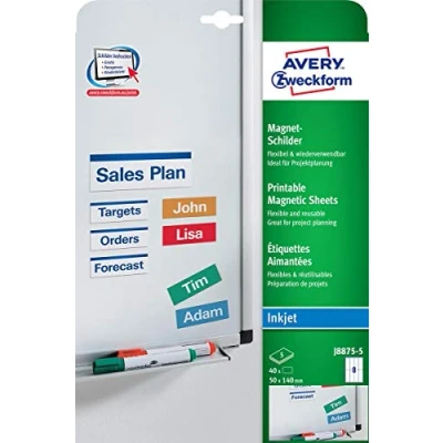 Image of Avery Zweckform J8875 5 Printable Magnetic Sheets with Special Coating 50 x 140 mm / 40 Labels White