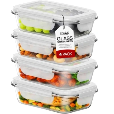 Image of ZENO Glass Food Storage with Lids 4 Pack 1000ml Airtight Containers BPA Free Plastic Locking Meal Prep Lunch Box Takeaway