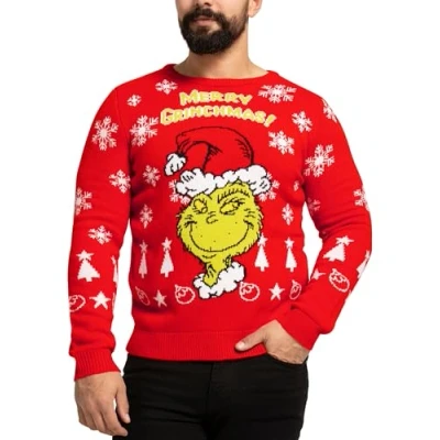Image of The Grinch Mens Christmas Jumper Xmas Jumpers For Men Sweater Red M