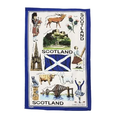 Image of Scottish Tea Towel Souvenir Gift Scotland Saltire Flag Stag Bagpiper Landmarks