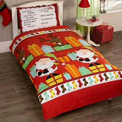 Image of Father Christmas Kids Santa Presents Xmas Quilt Duvet Cover and Pillowcase Bedding Bed Set, Multi Colour, 2 pcs, Single