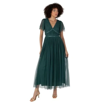 Image of Anaya with Love Women&#039;s Ladies Midaxi Dress V Neck Short Flutter Sleeve Ribbon A line Tulle for Bridesmaid Wedding Guest Prom Ball Gown Emerald Green 16