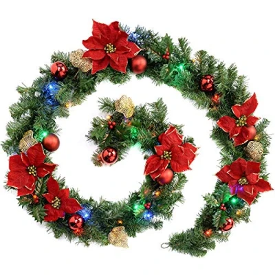 Image of WeRChristmas Pre Lit Decorated Garland Illuminated with 40 Multi Colour LED Lights, 9 feet Red/Gold