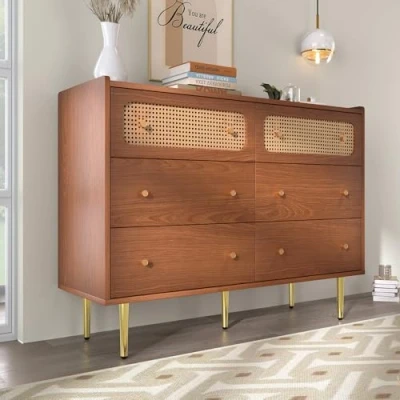Image of ModernLuxe Sideboard Storage Cabinet with 6 Drawers, Rattan Lattice Decoration, Living Room Cabinets Metal Handles, Chest of 20cm Height Leg, Walnut, 120x40x90cm