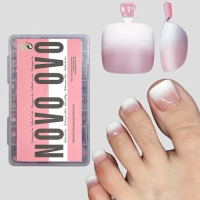 Image of NOVO OVO French Tip OMBRE Toe Nail Tips Press on, Soft Gel Fake Toenail Extension, BERRY Square Round Pre applied Primer &amp; Base Coat, Full Cover Matte False Nails for DIY x 15 Sizes 360 Pc