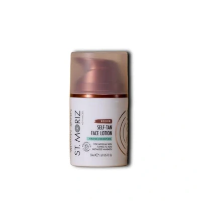 Image of St Moriz Advanced Medium Colour Correcting Self Tan Face Lotion With Hyaluronic Acid &amp; Vitamin B5 Olive Undertones Neutralise Red Tones Wear Alone Under Makeup Vegan 50ml